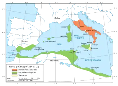 Un mapa del Mediterráneo occidental que muestra el territorio controlado por Cartago y Roma en la primera guerra púnica.