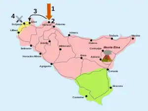 Un mapa de Sicilia que muestra la pequeña cantidad de territorio controlado por Cartago.