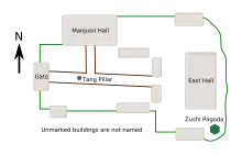 A plan of the temple site shows the placement of the buildings as described in the body of the article