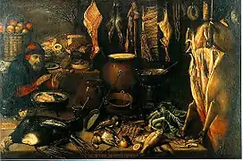 Alegoría pictórica sobre El Invierno (1638), de Francisco Barrera; que con las otras tres estaciones se exhibe en el Museo de Bellas Artes de Sevilla. Centrada, entre la gran tinaja y la cazuela caliente, una orza junto a un almirez.