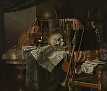 Vanitas con una calavera, un globo terráqueo, una trompeta e instrumentos para fumar (c. 1660-1675), de Franciscus Gysbrechts, Museo Real de Bellas Artes de Amberes