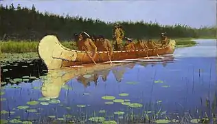 Obra de Frederic Remington (1905) publicada en Collier's Magazine en 1906. Delante, Radisson como líder de la expedición a los Grandes Lagos de 1659-1660 ; Des Groseilliers está sentado a su lado.