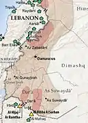 Situación en el sur de Siria en junio de 2012. Al noroeste de Damasco se puede apreciar la región de Qalamun, controlada entonces por el Ejército Libre Sirio.