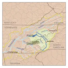 Mapa del río French Broad —una de las fuentes del río Tennessee (afluente del Ohio que, a su vez, es afluente del Misisipi)— que fluye por el oeste del estado