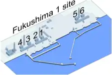 Primer plano del sitio de la central nuclear de Fukushima Daiichi