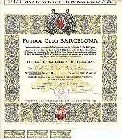 Cédula hipotecaria del Fútbol Club Barcelona por 100 pesetas, emitida el 24 de mayo de 1922 en Barcelona, firmada como presidente en el original por club Joan Gamper