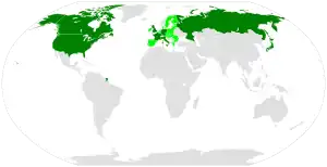 Mapa de las naciones miembros del G8 y de la Unión Europea