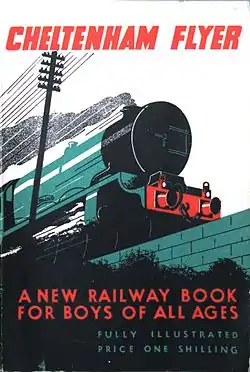 Una imagen estilizada de la parte delantera de una locomotora de vapor, vista desde abajo y creada con una paleta atenuada que es principalmente verde y negra pero con título y subtítulo en rojo.