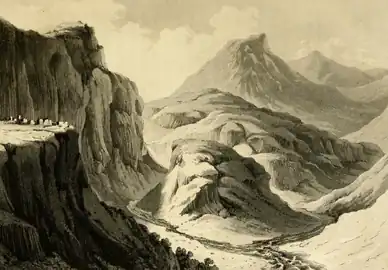 Dibujo de Robert Ker Porter del desfiladero de Garni (publicado en 1821). Las ruinas del templo se atisban en el promontorio izquierdo.