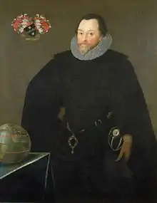 Sir Francis Drake con un Drake Pendant, o camafeo de la reina. Gheeraerts el Joven, 1591.