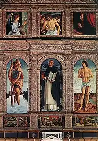 Políptico renacentista en el que una compleja enmarcación distribuye un programa pictórico religioso (San Vicente Ferrer, de Giovanni Bellini).