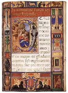 Página del Misal Colonna conservado en Mánchester, con gran letra capital que incluye a san Jerónimo y a Hércules matando a Anteo