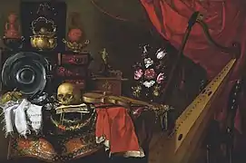 Vanitas con una calavera descansando sobre un libro con otros objetos de peltre sobre una mesa cubierta de alfombras, de Giuseppe Recco, colección privada