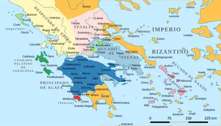Mapa político que muestra el sur de Grecia con los distintos principados en diferentes colores
