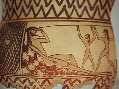 Vaso del periodo arcaico con la representación de la ceguera de Polifemo.