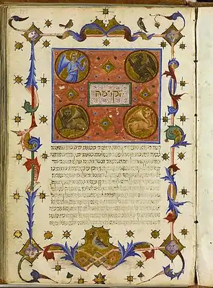 Los tetramorfos de la primera visión de Ezequiel en una página de la Guía de los Perplejos de Maimónides en hebreo, Cataluña, 1348).