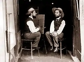 Toulouse Lautrec en su atelier, como pintor y modelo, en un montaje fotográfico de Maurice Guibert (1856-1913)