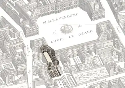 Ubicación del Hôtel d'Évreux en la Place Vendôme, en el mapa de Turgot (1734-1737). El norte está a la izquierda.