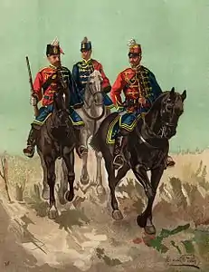 Uniforme de gala: batidor, trompeta y jefe (1884).