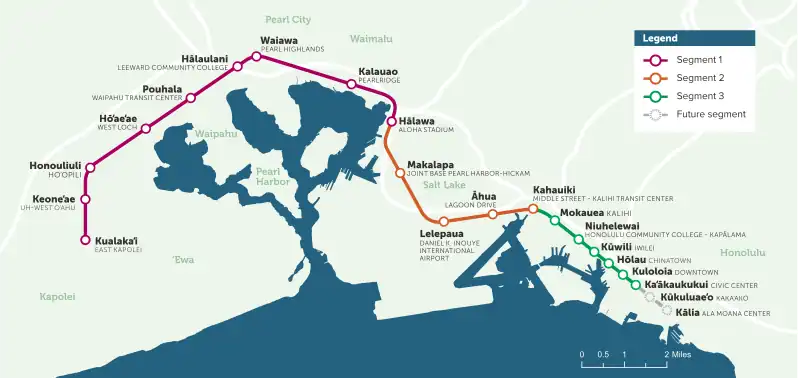 Mapa de ruta esquemático para el Metro de Honolulu cuando esté completo, incluidas las extensiones propuestas en los extremos este y oeste del sistema.