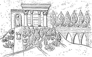 Representación de los jardines reales de Nínive, a partir de un bajorrelieve del palacio de Senaquerib.