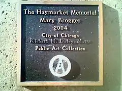Placa del pedestal de la escultura del Haymarket Memorial. Nótese que el nombre del alcalde ha sido borrado y el sello de la ciudad cubierto con una a circulada