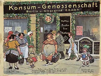 Heinrich Zille, Cooperativa de consumo de 1904. Leyenda en berlinés.