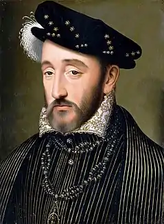 Enrique II de Francia. Cuarto hijo de Francisco I y de Claudia de Francia, fue reconocido duque de Bretaña en 1536 (sin coronación), y coronado rey de Francia en Reims en 1547.