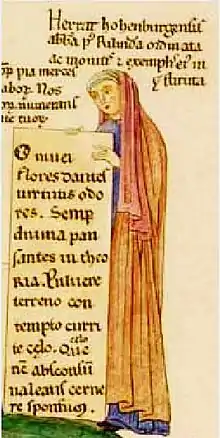 Herrada de Landsberg, Autorretrato de Hortus deliciarum, alrededor de 1180