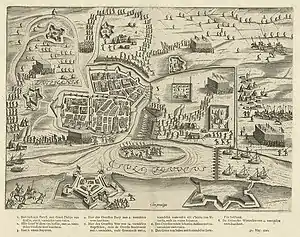 Asedio de Zutphen en 1591 por Bartholomeus Dolendo - Los ingleses están atacando el reducto en la parte superior de la imagen