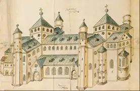 Representación esquemática de 1662 (cercana a una perspectiva axonométrica) de San Miguel de Hildesheim, iglesia otoniana.