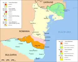 Cambios fronterizos en la Dobruja desde 1878.