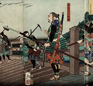 El ukiyo-e del período Edo muestra un ōdachi en la espalda de un samurái.
