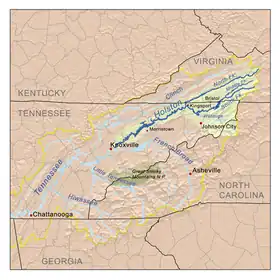 Mapa del río Holston —una de las fuentes del río Tennessee— que fluye por el noreste del estado.