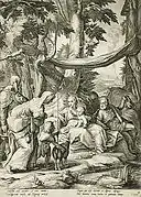 Jacob Matham, grabado de La Sagrada Familia y otras figuras (copiado de Hendrick Goltzius)