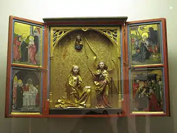 Retablo devocional doméstico de Alemania meridional (ca. 1500). Lo tardío de la fecha muestra la pervivencia de un gusto conservador en una época en la que las formas renacentistas se terminarían imponiendo.