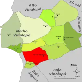Localización de Hondón de las Nieves respecto a la comarca del Vinalopó Medio