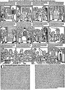 Xilografía antijudía sobre un caso de supuesta profanación de la hostia en Passau, Alemania, 1478.