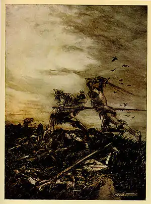 Batalla final entre Arturo y Mordred, obra de Arthur Rackham.