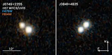 Estas dos imágenes del Telescopio Espacial Hubble de la NASA/ESA revelan dos pares de cuásares que existieron hace 10 mil millones de años y se encuentran en el centro de galaxias en fusión