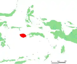 La isla indonesa de Buru, su área de distribución en rojo.