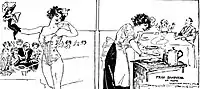 Esbozo de Marguerite Martyn de 1911 a doble página, donde la imagen de la artista actuando a la izquierda se complementa con una imagen a la derecha, como ama de casa preparando la cena para su esposo e hijo.