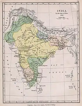 Península de la India en 1760, tres años después de la batalla de Plassey, mostrando el Imperio maratha y otros estados políticos prominentes.