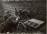 M.15 con escudo protector y su cola plegada atrás en un bosque.