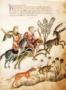 Cazadores a caballo con perro en una ilustración del Medicina Antiqua (ca. 1250).