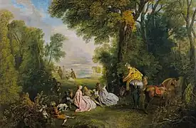 Un alto durante la cacería, de Jean-Antoine Watteau (ca. 1718).