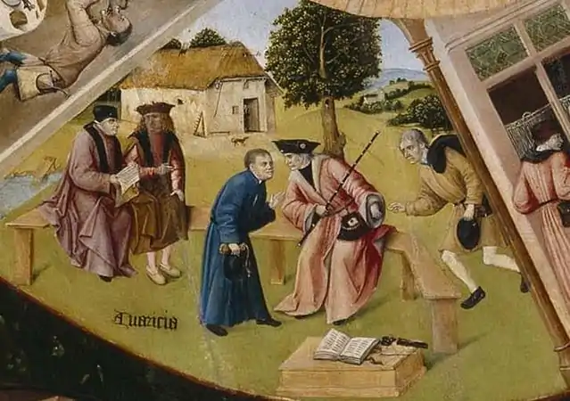 Detalle de Avaricia, Mesa de los pecados capitales por Hieronymus Bosch. Es una escena de un juicio en el que el juez, lejos de impartir justicia, acepta un soborno de una de las partes o incluso de las dos partes en litigio.