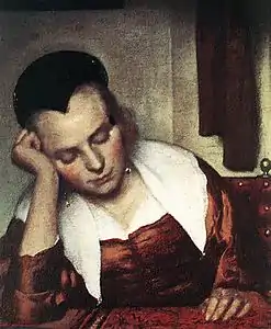 Joven con la cofia en pico típica de la época (detalle de Muchacha dormida, de Jan Vermeer, ca. 1657)