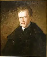 Color oil painting of the bust of a young white man with light brown short wavy hair and a plain countenance, looking at the viewer. The raised color of a white shirt is visible beneath a dark jacket and cloak. He stands before a plain brown-green background.