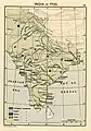 Península de la India en 1700, mostrando el Imperio mogol y los asentamientos comerciales europeos.